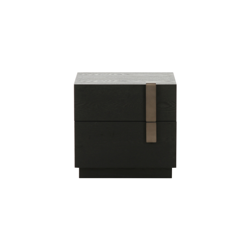 Nefe Bedside Table with dark ash veneer finish placed beside a modern bed in a contemporary bedroom setting