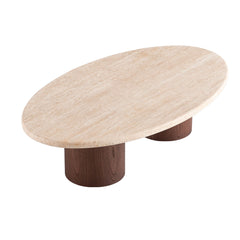 Angled view of Nero oval coffee table highlighting walnut legs and travertine top