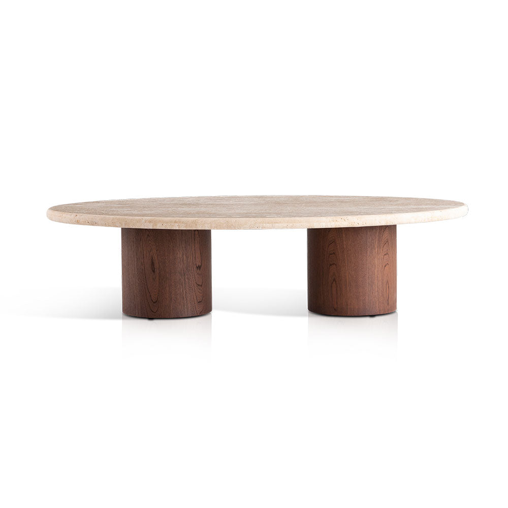 Nero coffee table with natural travertine oval top and walnut cylindrical legs