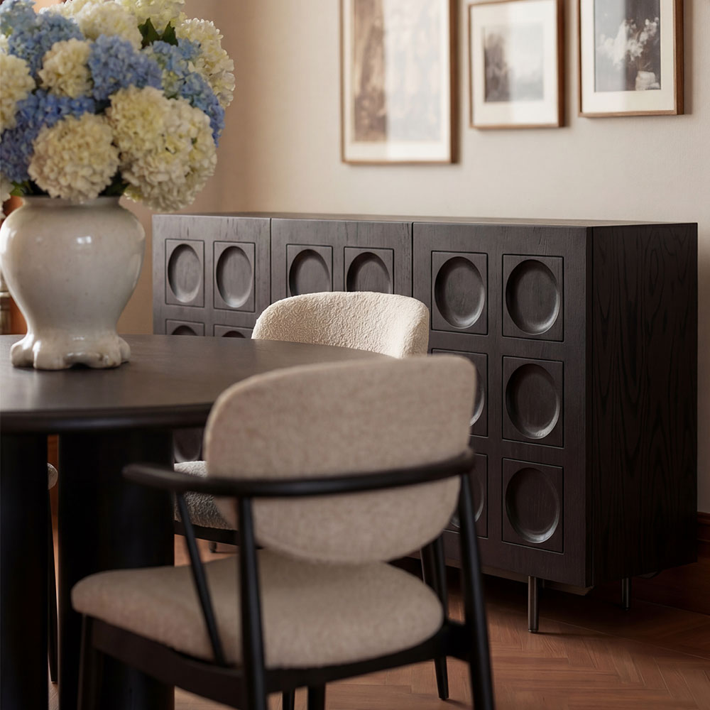 Angled view of Norr sideboard highlighting contemporary black finish