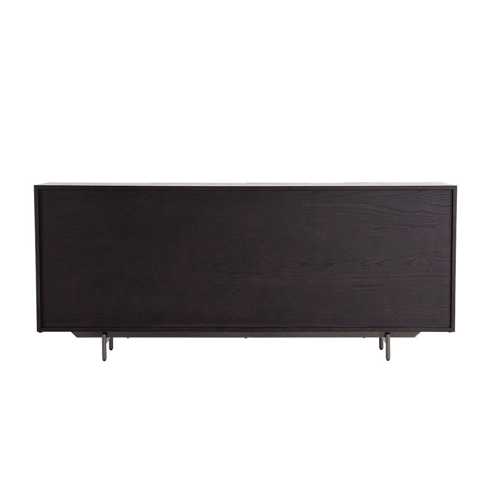 Close-up detail of black ash wood veneer texture on Norr sideboard