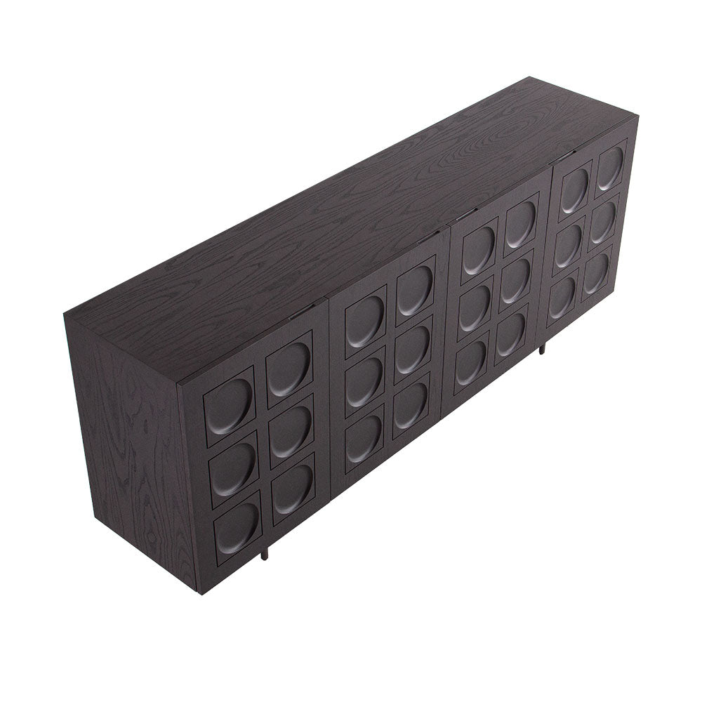 Norr black ash wood veneer sideboard styled in a contemporary living room