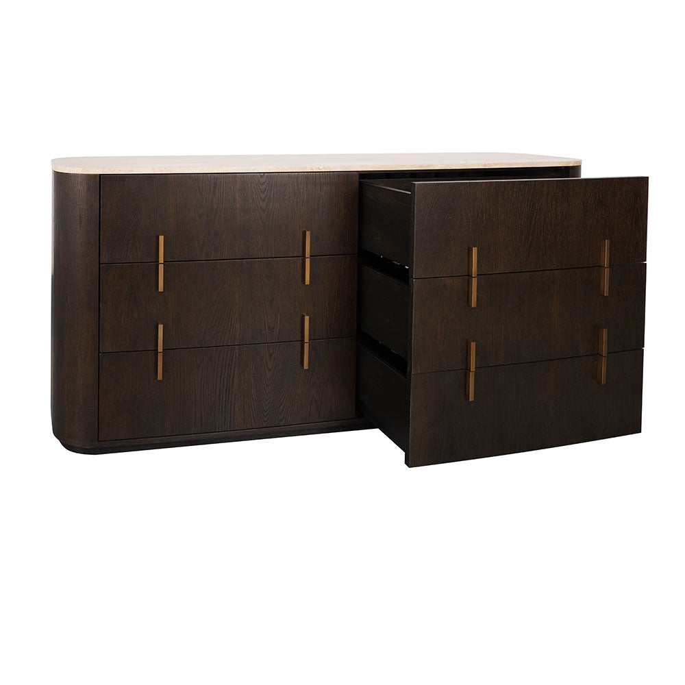 Oak veneer bedroom chest of drawers with a genuine travertine top