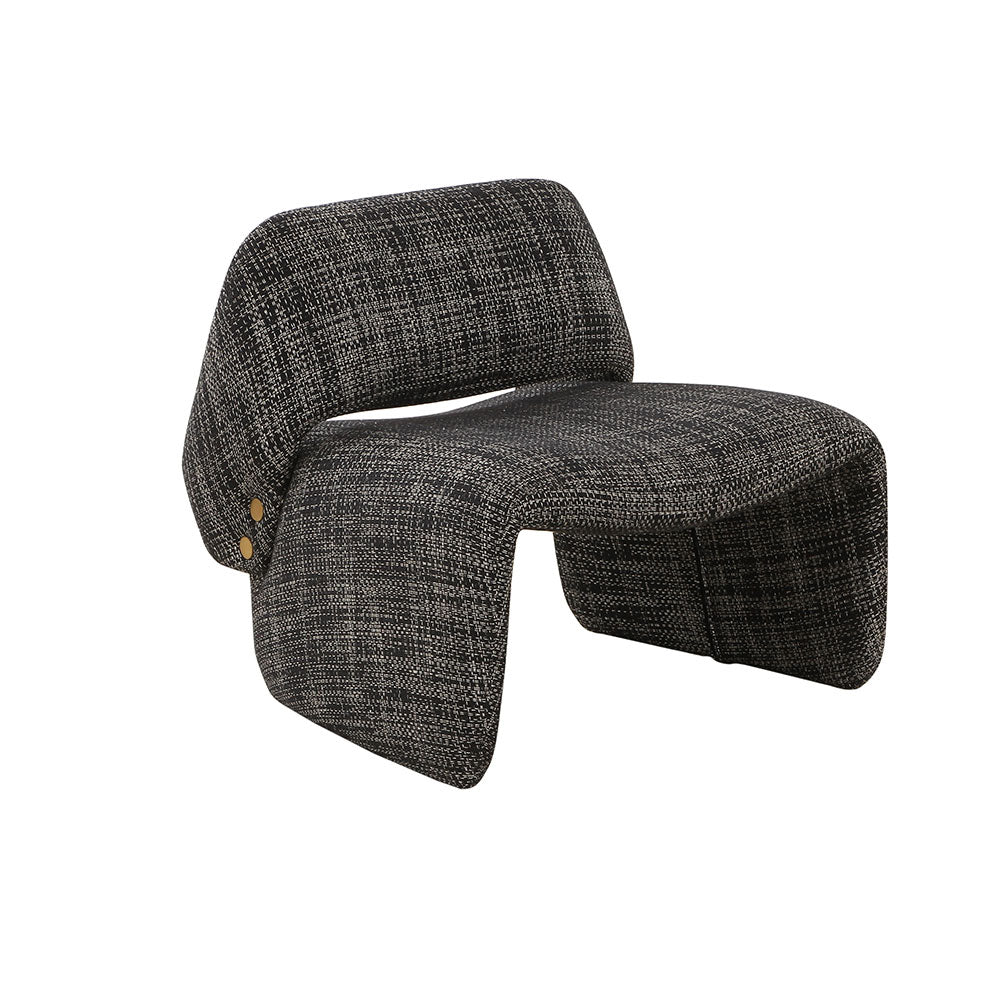 Odense Armchair with woven fabric in dark tones and metallic accents, modern design, durable and stylish.