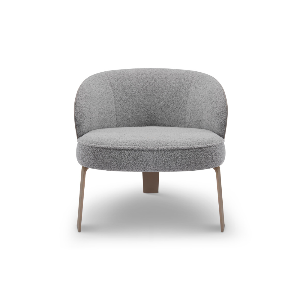 Orvieto Bouclé and Leather Modern Accent Armchair featuring a rounded seat, curved backrest, and brass metal legs — a perfect blend of luxury and sculptural design.