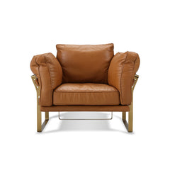 Parson luxury armchair in Mulberry brown Brazilian top grain leather with oversized arms, buckle detailing, and brushed gold steel framework, designer accent chair.