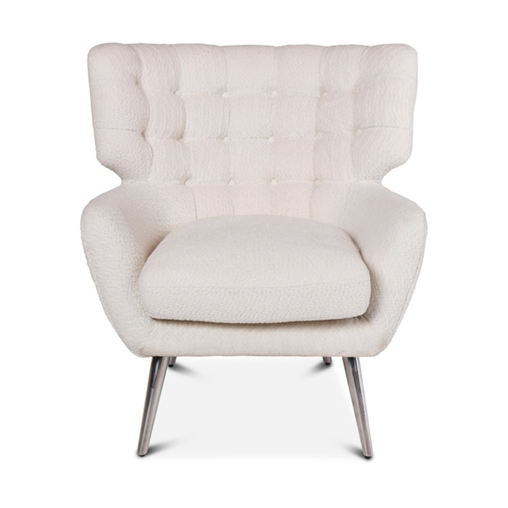 Pitea luxury boucle armchair with curved winged back, buttoning detail, sturdy steel legs, designer accent chair for modern living spaces