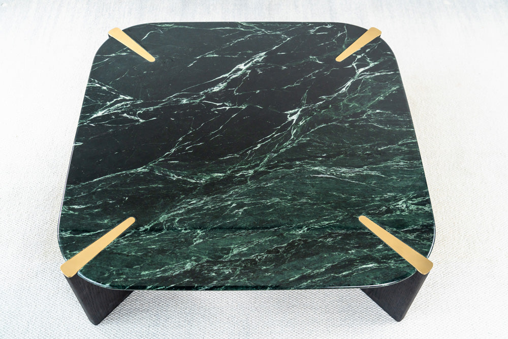 Ponze luxury natural stone coffee table featuring green marble top and oak structure, timeless modern design