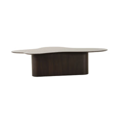 Modern coffee table with a dark brown base and light gray top on a white background