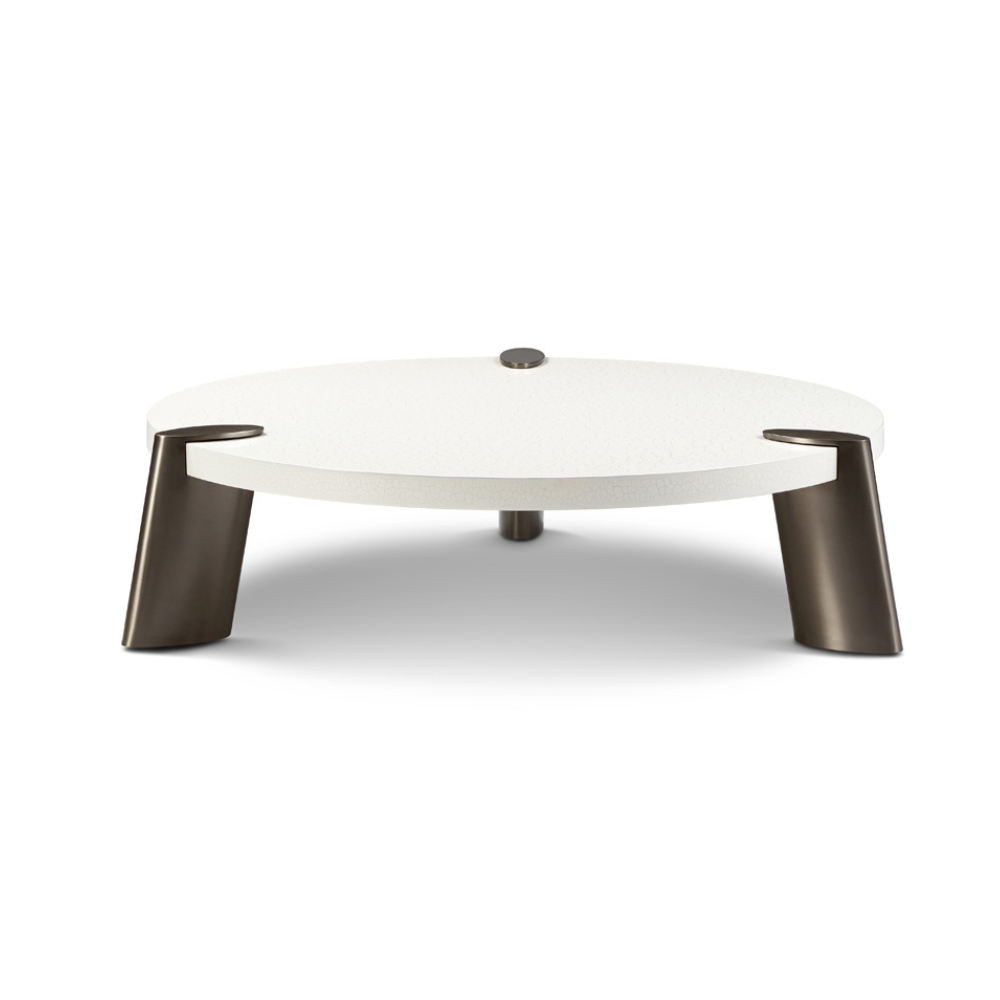 Santoro High-Gloss Craquelure Coffee Table with a round textured top and sleek metal legs, showcasing bold modern style and luxurious cracked lacquer detail.