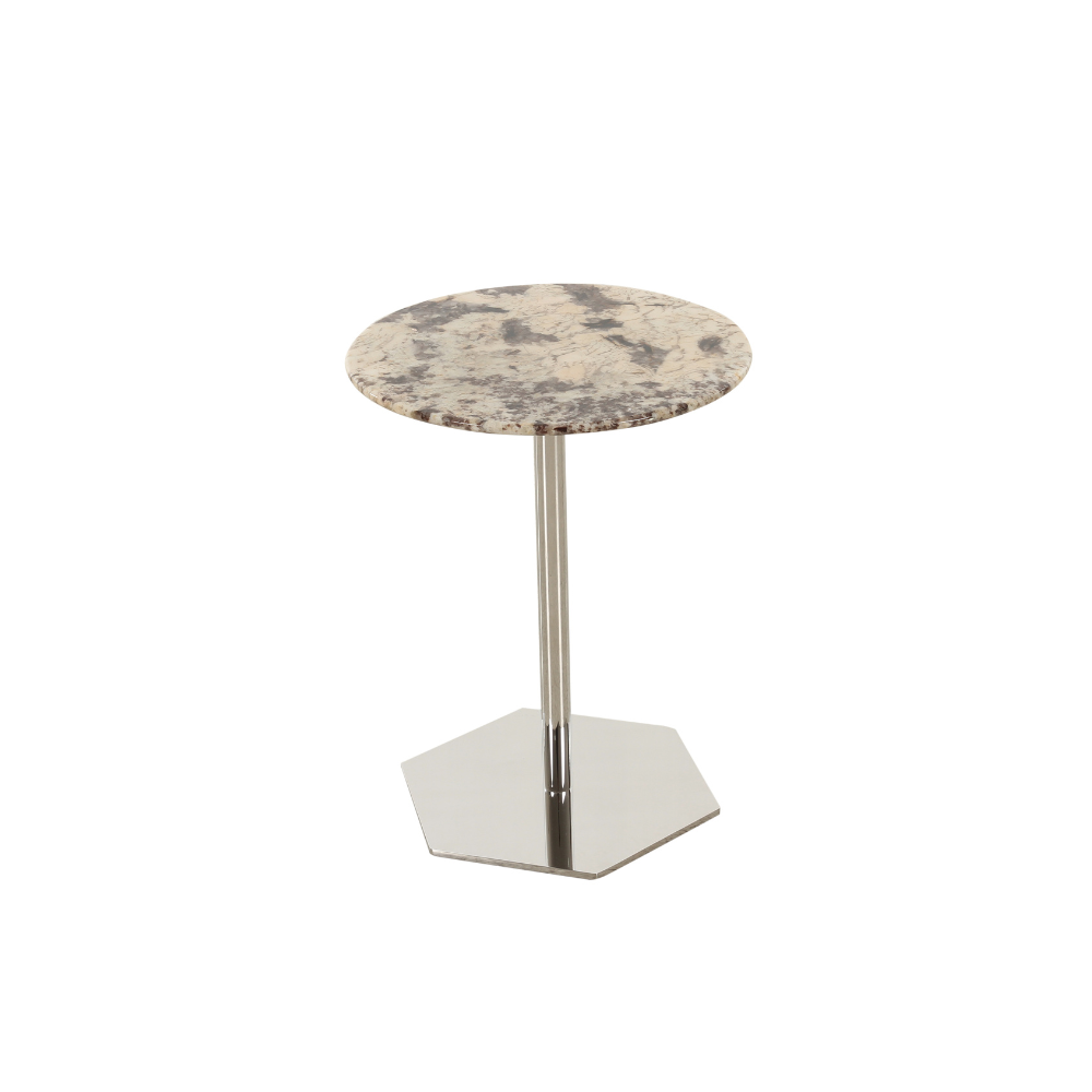 Snok Side Table with a unique marble top and silver base styled in a modern luxury living room.