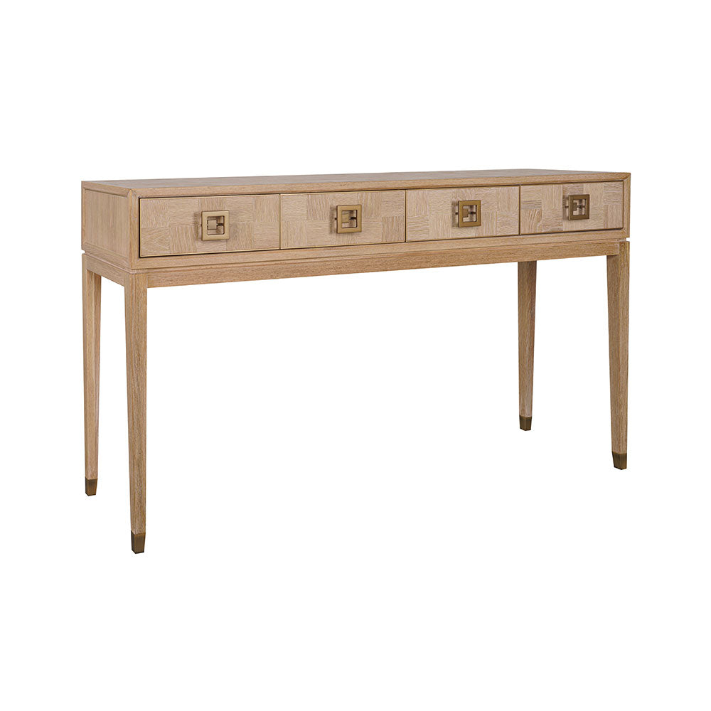 Sol natural oak console table styled in a modern entryway with decorative accessories