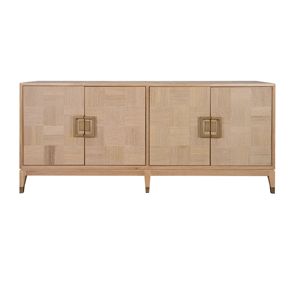 Sol Sideboard featuring an oak veneer finish, solid wood frame and metal detailing