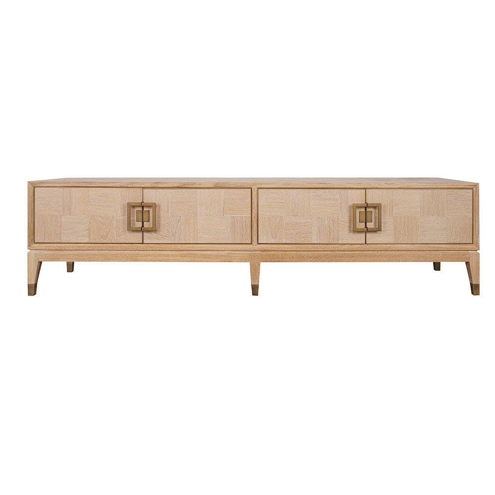 Sol TV Unit featuring an oak veneer finish, solid wood frame and metal detailing
