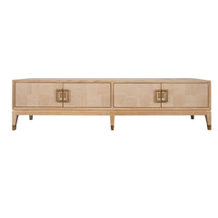Sol TV Unit featuring an oak veneer finish, solid wood frame and metal detailing