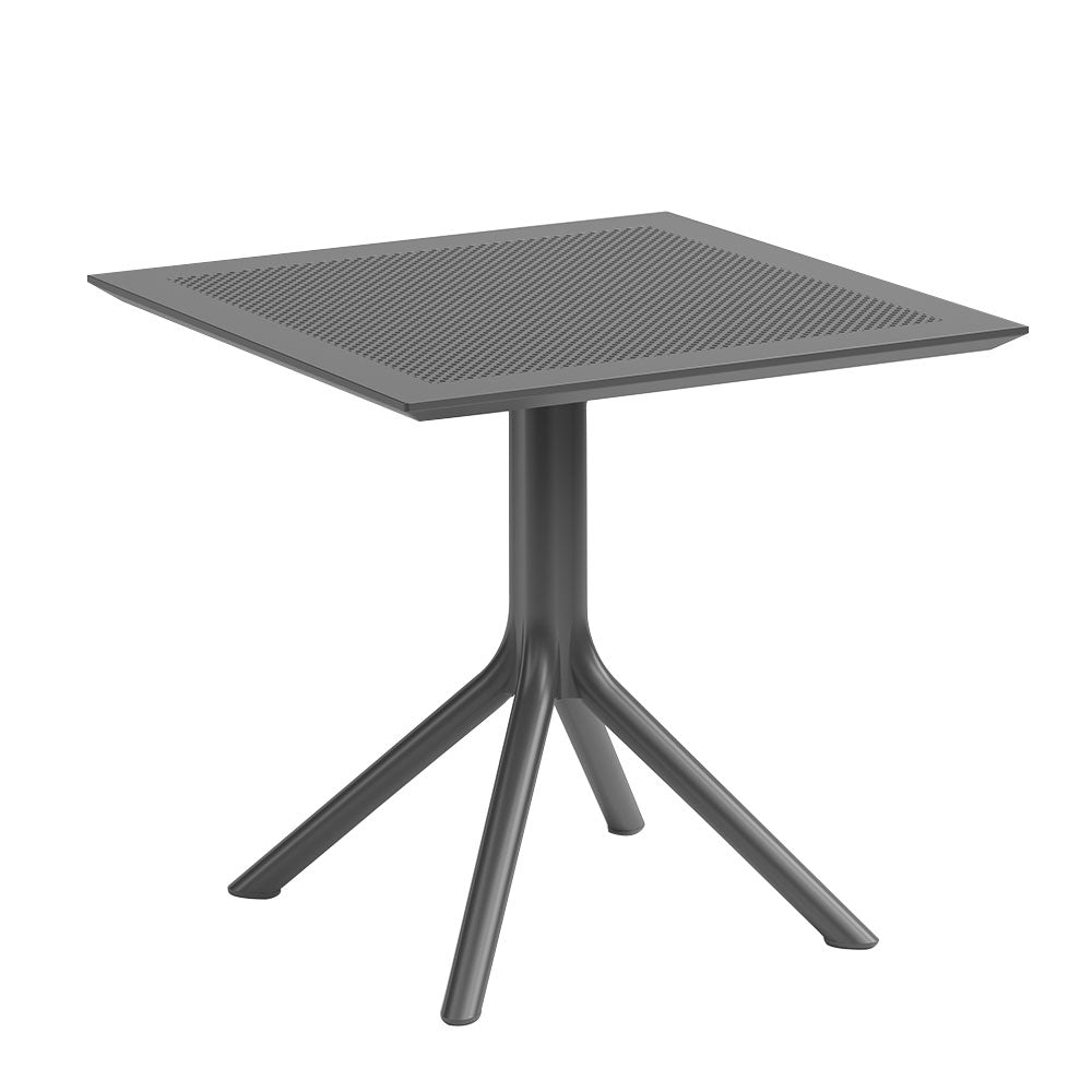 Square outdoor bar table designed for patios, made from durable weather-resistant plastic.