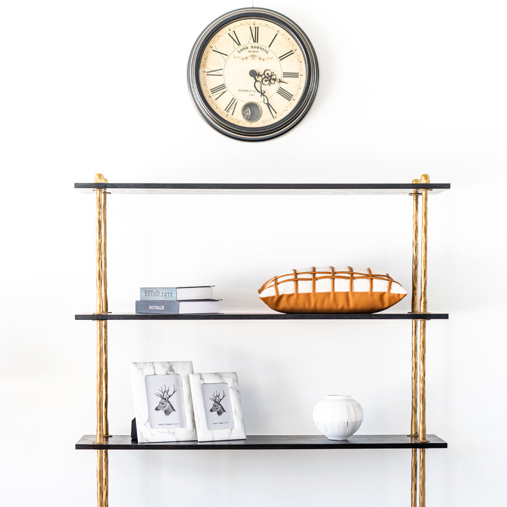 Tall 182cm bookcase with ashwood shelves and forged iron frame, open cabinet style for living rooms or offices