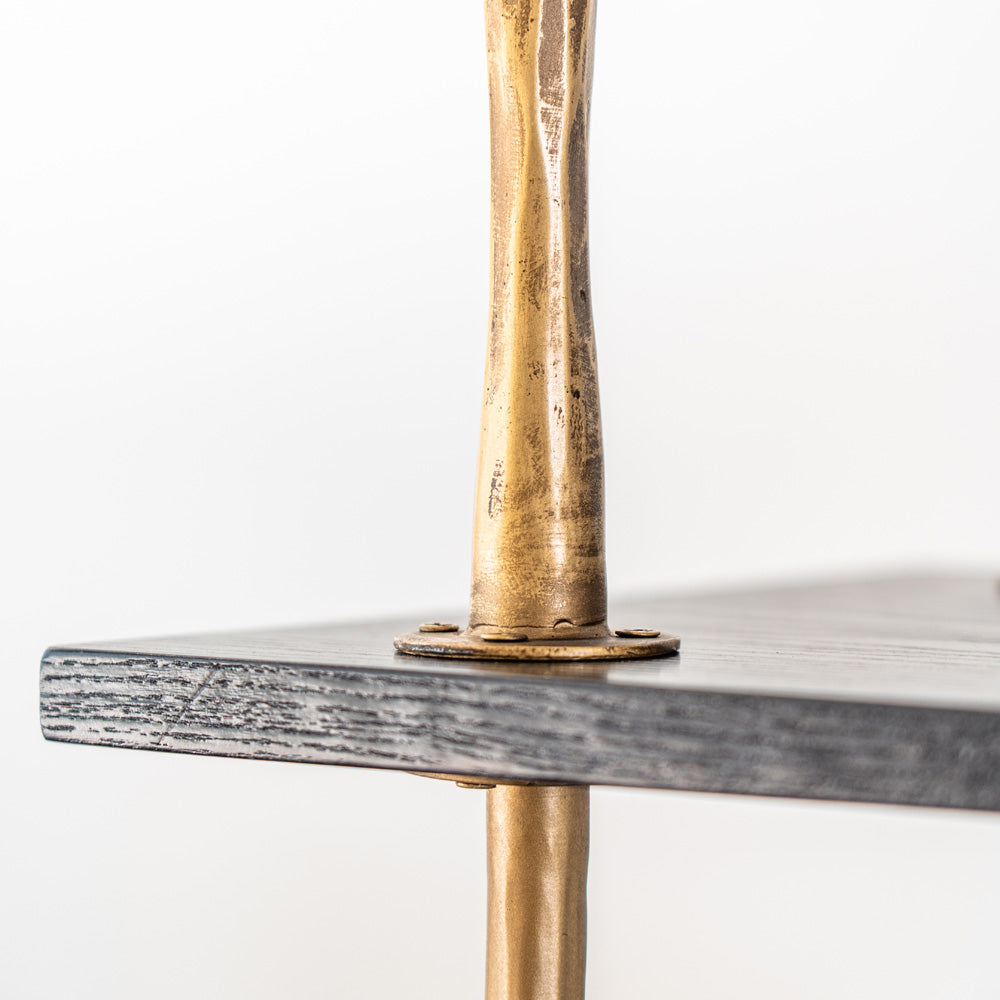 Tall 5-tier shelf combining ashwood and forged iron, industrial display cabinet for contemporary interiors