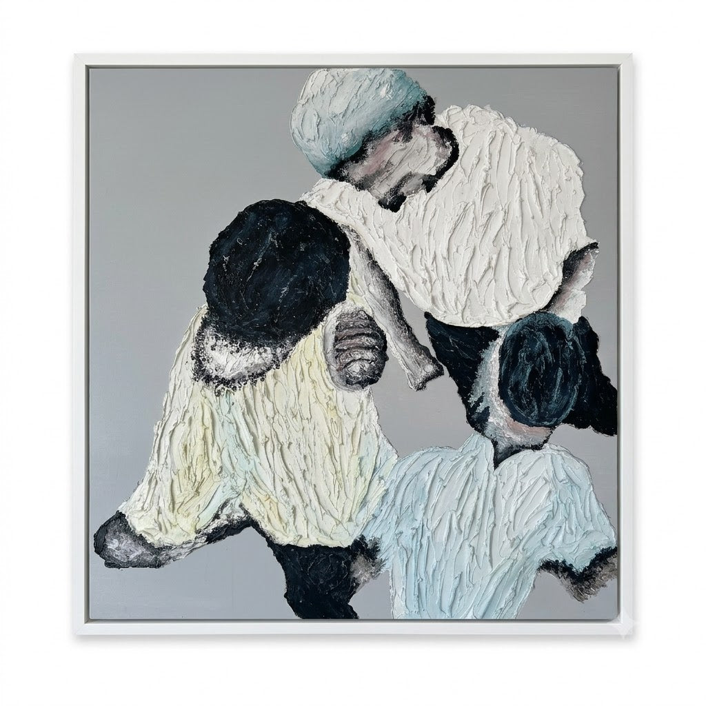 An abstract square painting depicting three figures in textured white, cream, black, and pale blue garments against a gray background, presented with a thin white frame.