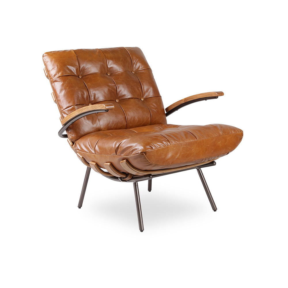 Tigma Armchair in premium top grain leather with distressed finish, slatted buckle back, hand-pleated detailing, deep buttoning, and sleek metal legs, luxury accent chair