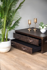 Felix coffee table upholstered in premium top-grain leather, featuring hidden storage compartments and vintage charm