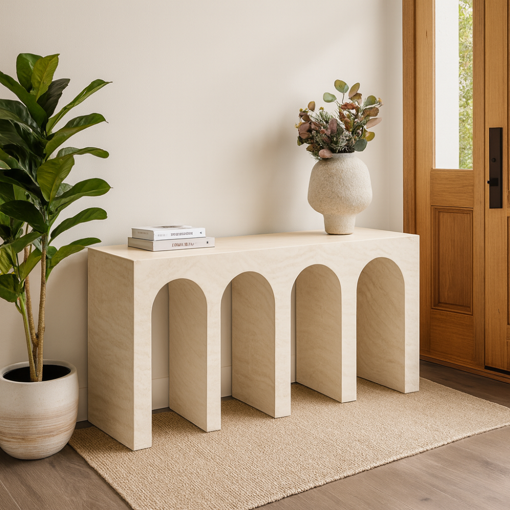Modern travertine console with architectural arch-inspired design for luxury interiors