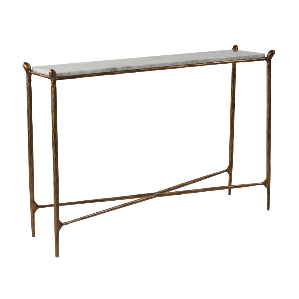 Vanne Marble Console Table featuring a rectangular Carrara white marble top and handcrafted wrought iron frame, blending mid-century modern design with luxury craftsmanship.