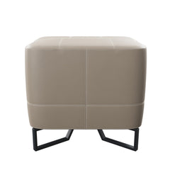 Verese Ottoman upholstered in premium imported Italian top-grain leather with high-density sponge for comfort, featuring brushed stainless steel legs, luxury modern ottoman for living rooms and bedrooms.