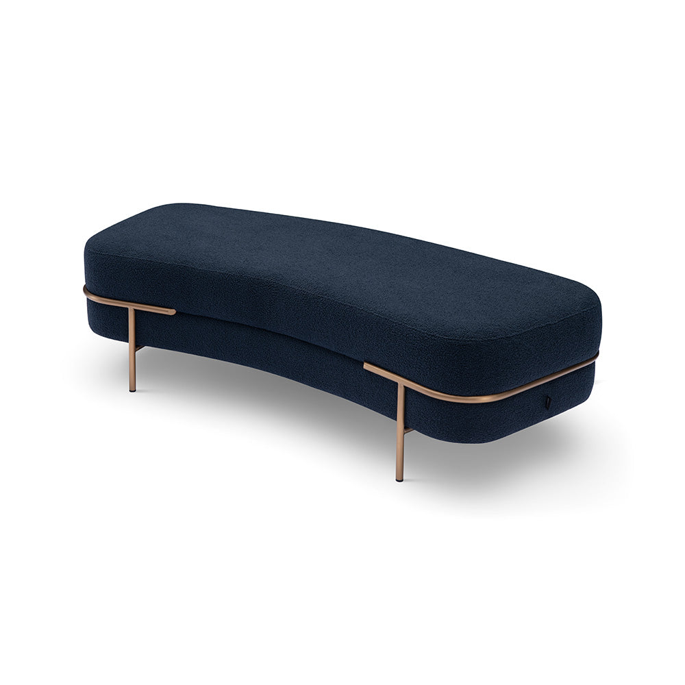Vero modern luxury bench upholstered in deep blue polyester fabric with brushed brass stainless steel accents, stylish designer accent seating for contemporary interiors.