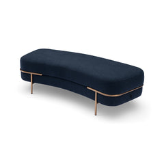 Vero modern luxury bench upholstered in deep blue polyester fabric with brushed brass stainless steel accents, stylish designer accent seating for contemporary interiors.