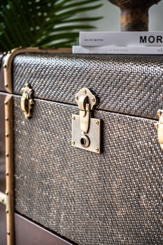 Vintage trunk cabinet styled as Hereford tallboy, with deep drawers and flip-top lid for versatile storage