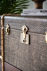 Vintage trunk cabinet styled as Hereford tallboy, with deep drawers and flip-top lid for versatile storage