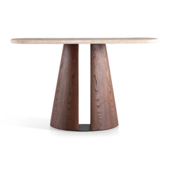 Walter travertine console table with sculptural walnut pedestal base