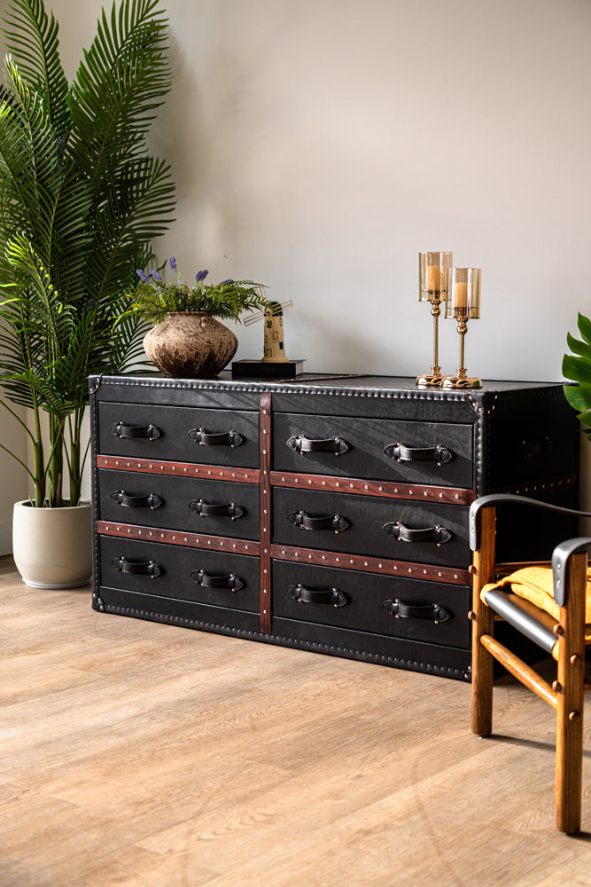 Wells dresser wrapped in top-grain leather with six drawers and wood accents, luxury chest of drawers for bedrooms