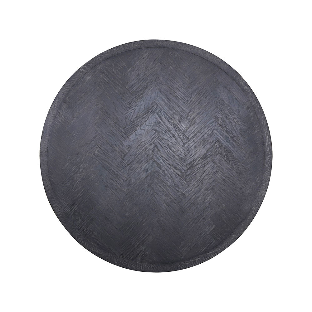 Round Weston Dining Table with an oak veneer surface and metal legs