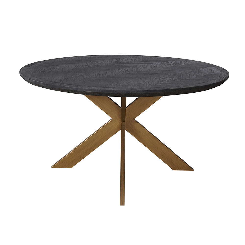 Weston round oak dining table with a natural wood finish and metal base