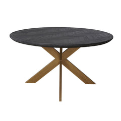 Weston round oak dining table with a natural wood finish and metal base