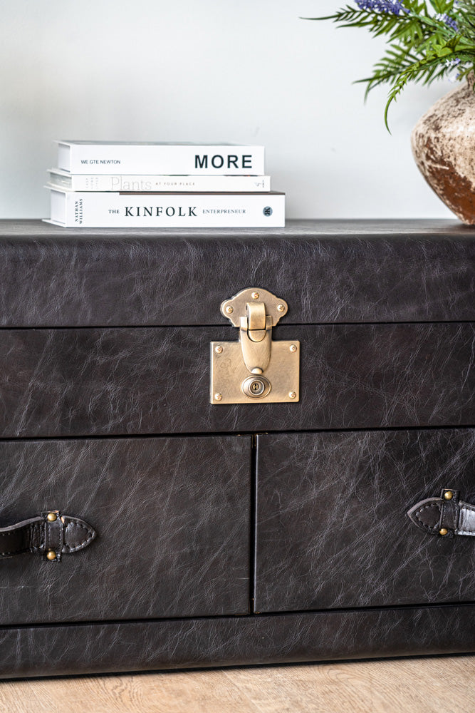 Windsor leather side cabinet in vintage trunk style, functional storage chest with flip-top and drawers