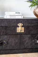 Windsor leather side cabinet in vintage trunk style, functional storage chest with flip-top and drawers