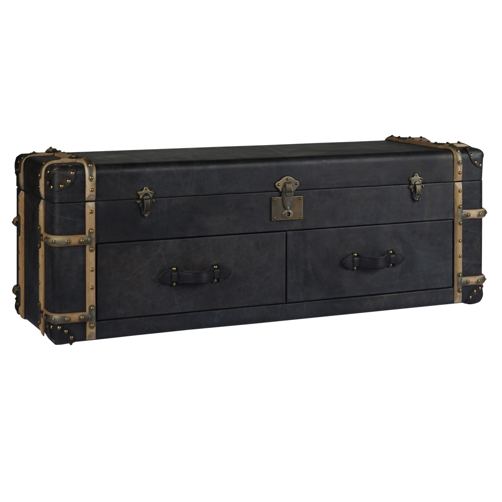 Windsor side cabinet crafted in top grain leather with two drawers and flip-top storage, vintage trunk style
