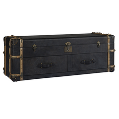 Windsor side cabinet crafted in top grain leather with two drawers and flip-top storage, vintage trunk style