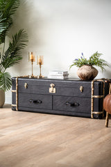 Windsor sideboard styled as a leather trunk cabinet, offering drawer storage and flip-top compartment