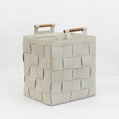 Zola hand-woven bridle leather basket used as decorative storage in a luxury home office or entryway